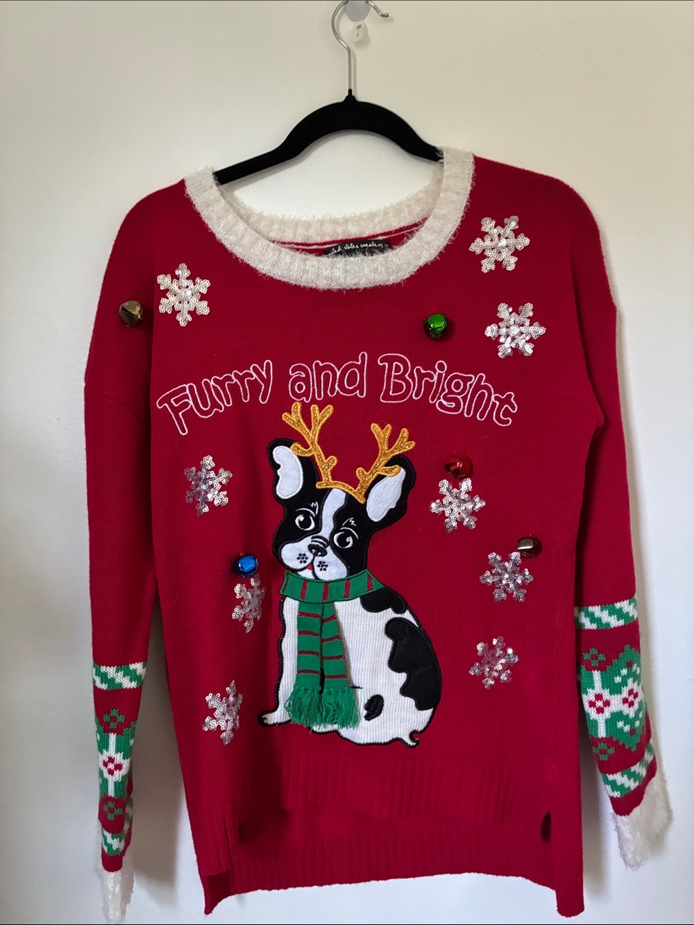 united states sweaters Red Holiday Sweater with Festive Dog and Snowflakes